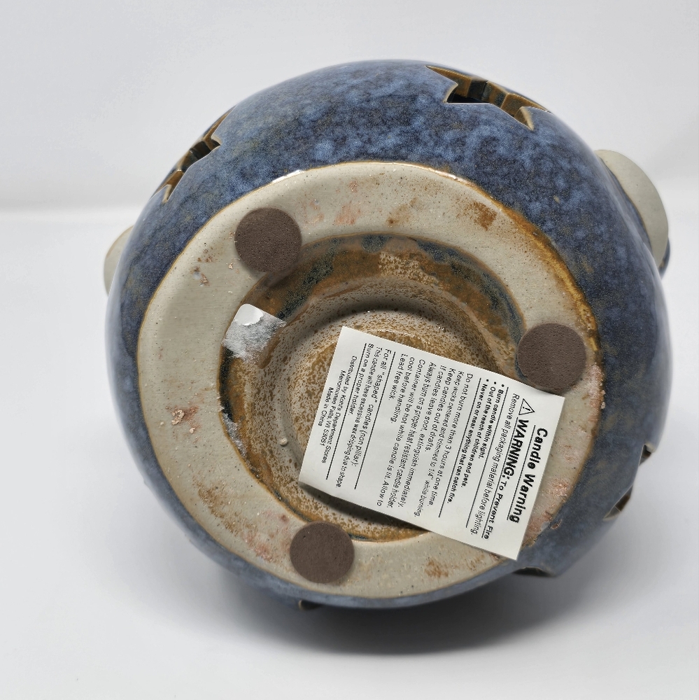 Ceramic Blue Holiday Snowman Tea Light Candle Holder with Star Cut Outs - Picture 5 of 5